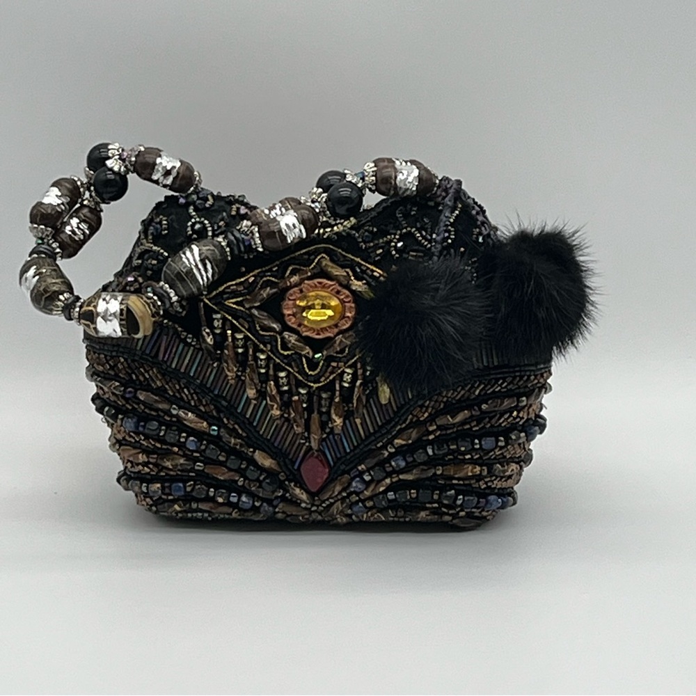 Vintage Mitchie's Beaded Handbag Purse Evening Bag Black Jeweled Multicolor